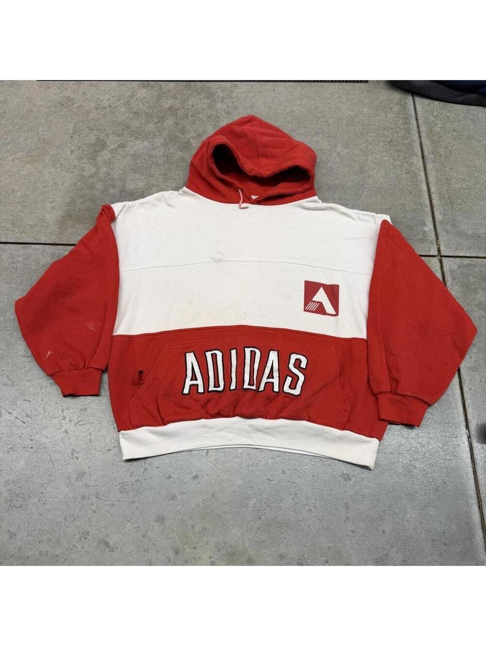 vintage adidas white and red trefoil big logo spell out hoodie large HAS STAINS